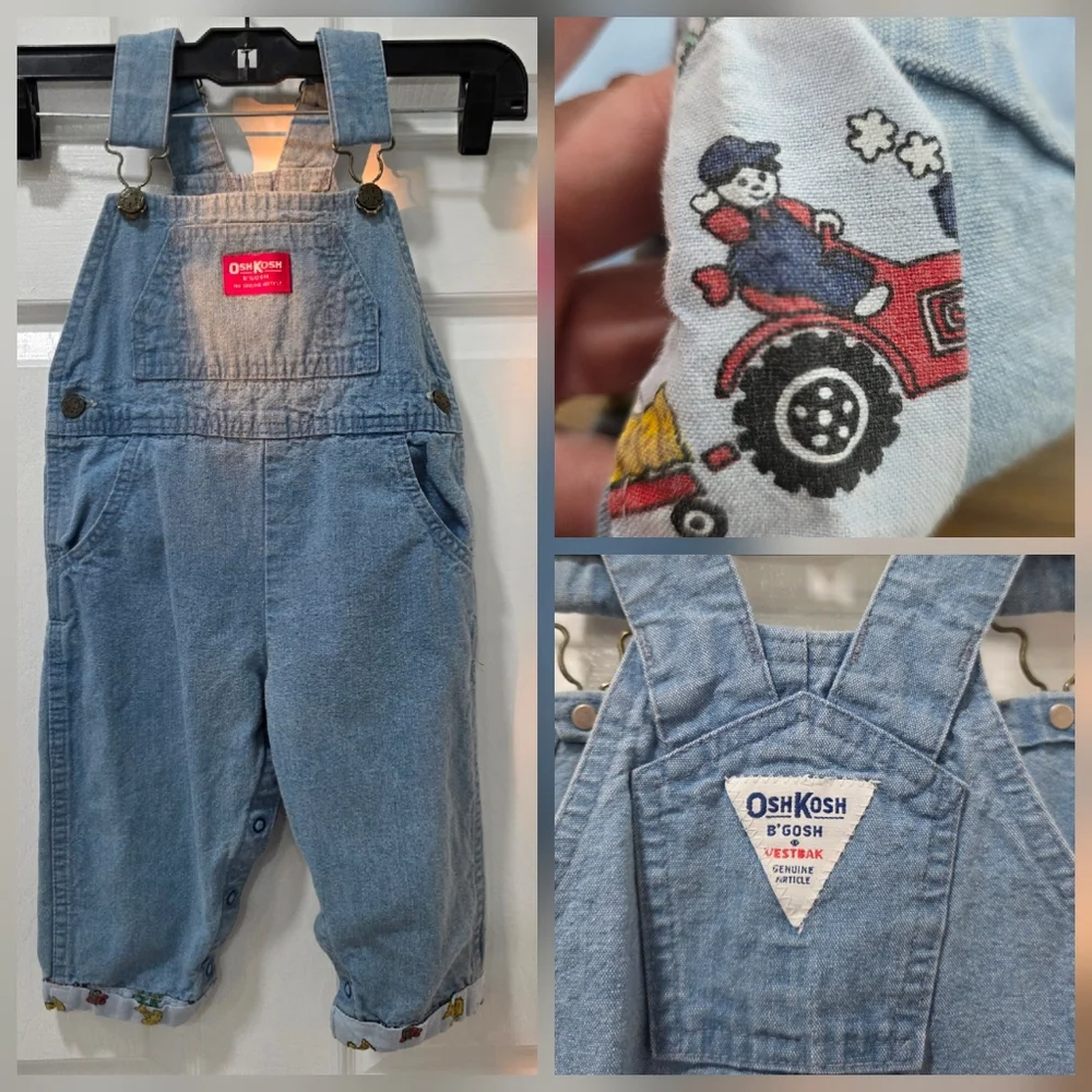 VTG OshKosh B'Gosh Made in USA Overalls 2T Vestbak Denim Tractor Cuff Truck Rare